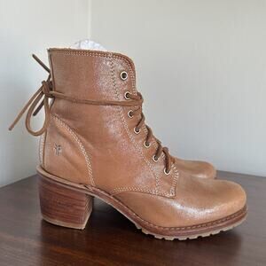 Frye Sabrina Silver Metallic Tan Leather Lace Up Boots Size 8.5